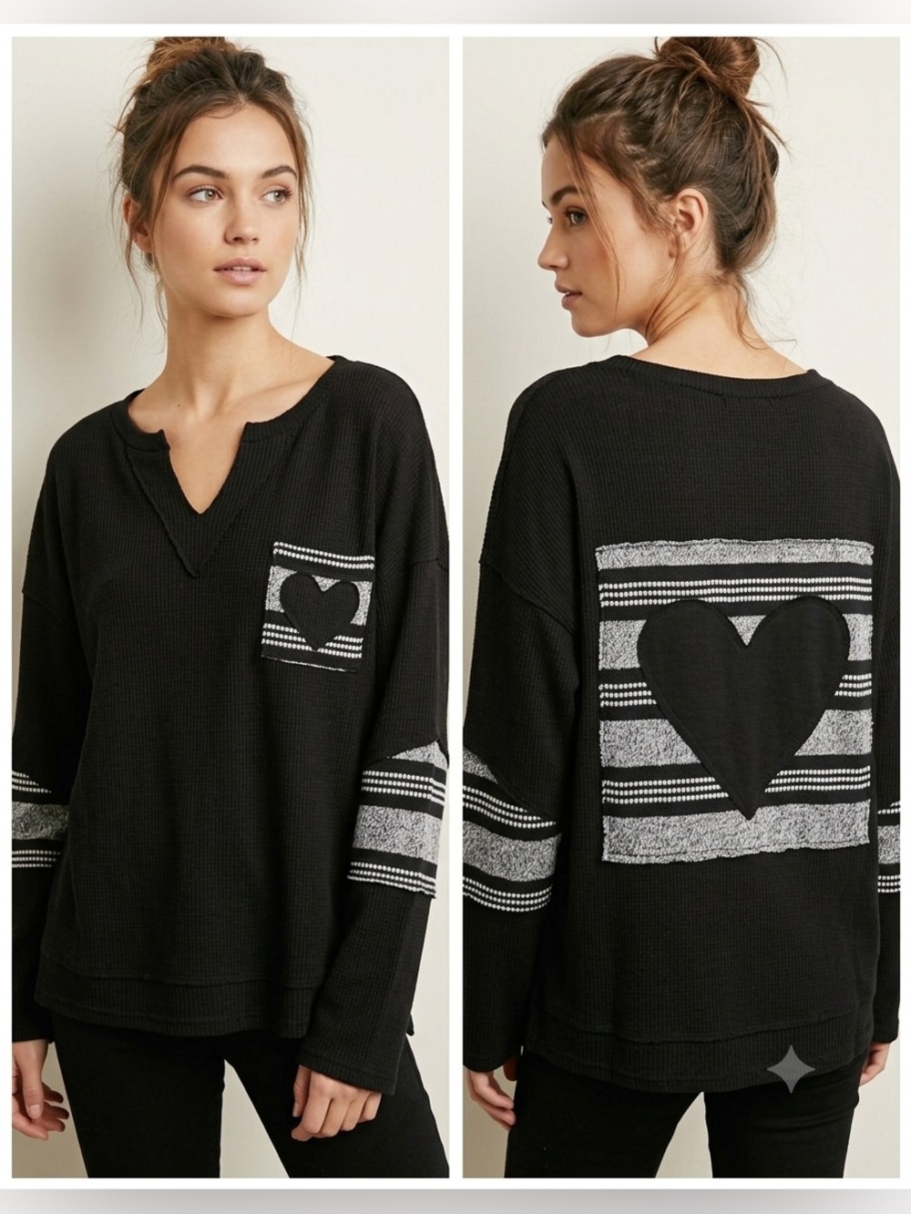 POL Black Waffke Knit Top with Subtle Stripe Detail and Hearts, Size Large